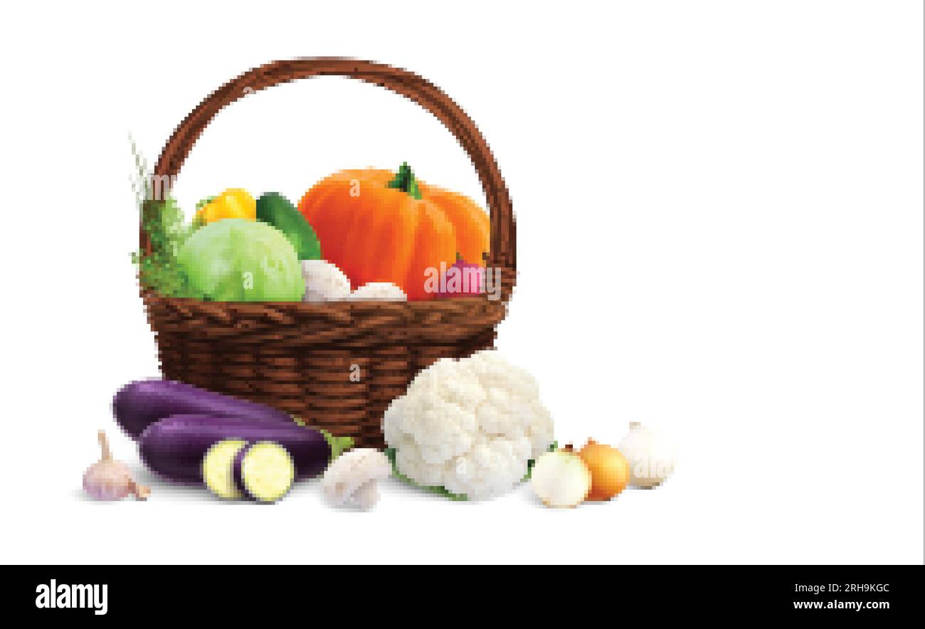 Fruits et légumes dans le panier composition réaliste avec des verts mûrs à l'intérieur et à l'extérieur de l'illustration vectorielle du panier en osier Illustration de Vecteur
