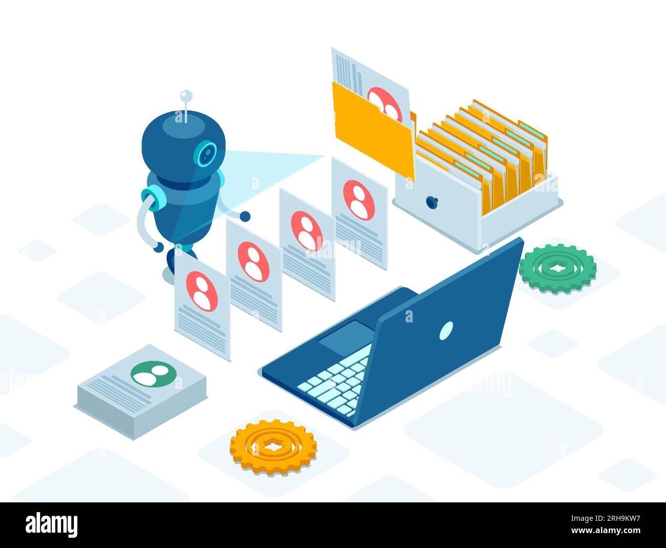 Le vecteur isométrique d'un robot analyse la base de données des employés ou le personnel. Concept de traitement des données et de services RH Illustration de Vecteur