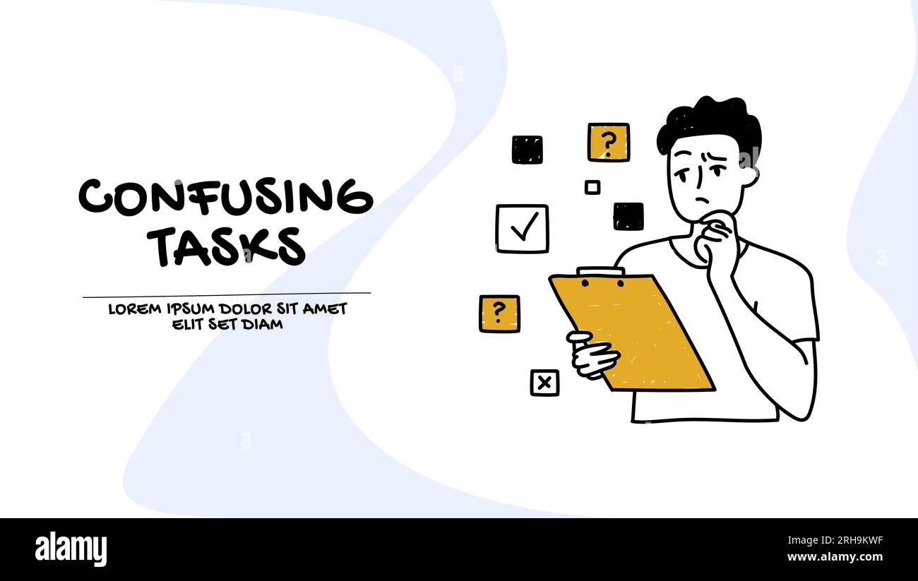 Vecteur d'un jeune homme triste se sentant perplexe avec des tâches confuses Illustration de Vecteur