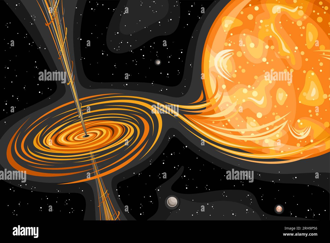 Illustration vectorielle de Black Hole, affiche horizontale futuriste avec trou noir tourbillon absorbant l'étoile chaude orange supermassive dans l'espace profond, décoratif Illustration de Vecteur