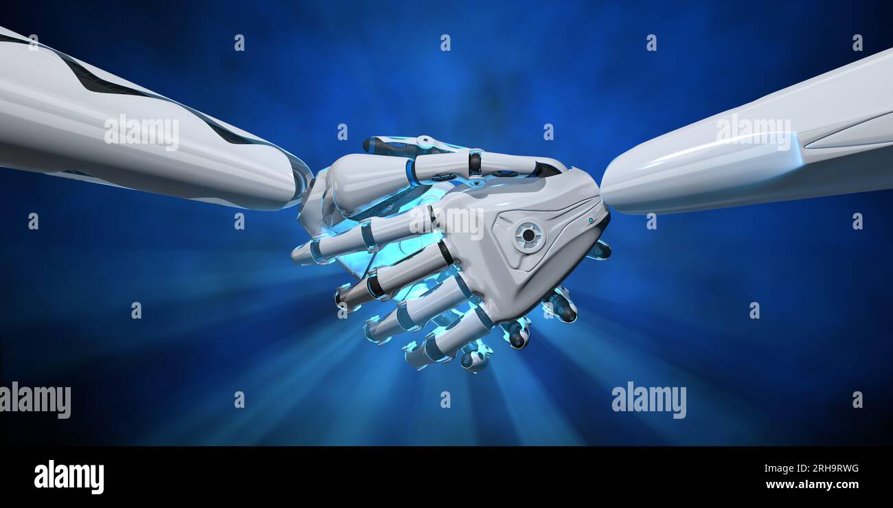 Gros plan de poignée de main entre deux mains androïdes blanches en forme humaine avec lumière bleue sur fond sombre. Illustration 3D. Banque D'Images