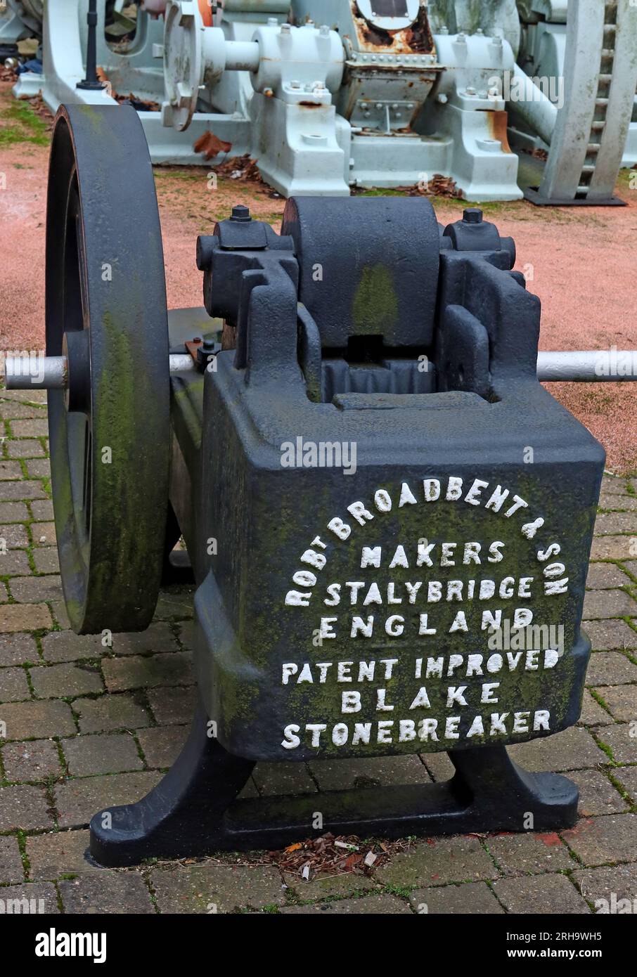 Machine à briser les pierres victoriennes à Wigan Trenchfield Mill, Robt Broadbent & son Makers Stalybridge England, brevet amélioré Blake Stonebreaker Banque D'Images