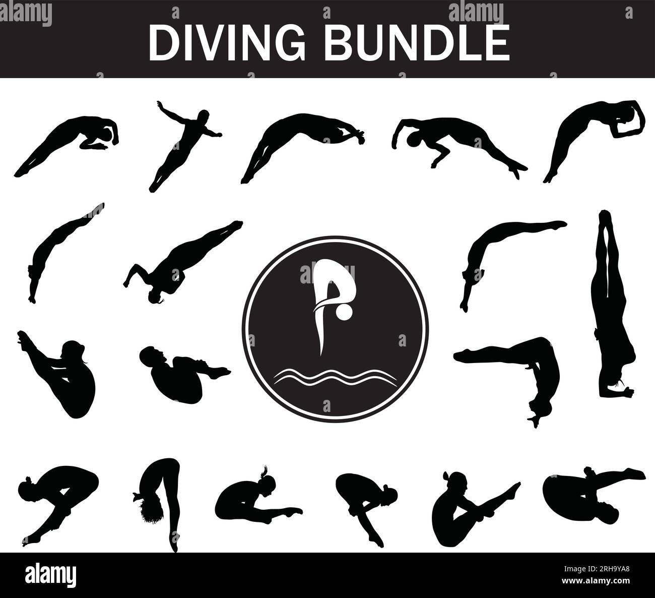 Pack Silhouette de plongée | Collection de joueurs de plongée avec logo Illustration de Vecteur