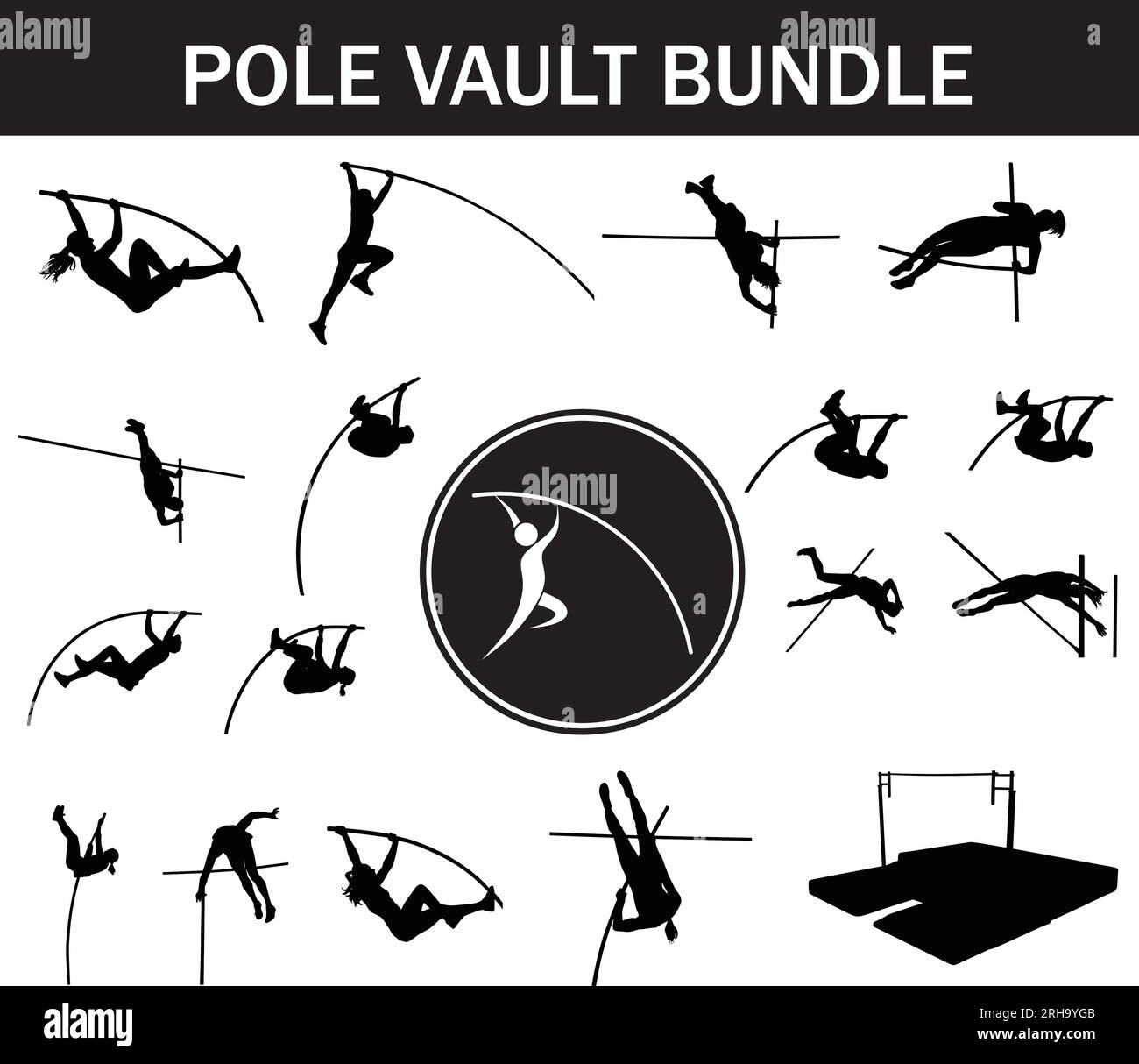 Pack silhouette de Pole Vault | Collection de joueurs de Pole Vault avec logo et équipement de Pole Vault Illustration de Vecteur