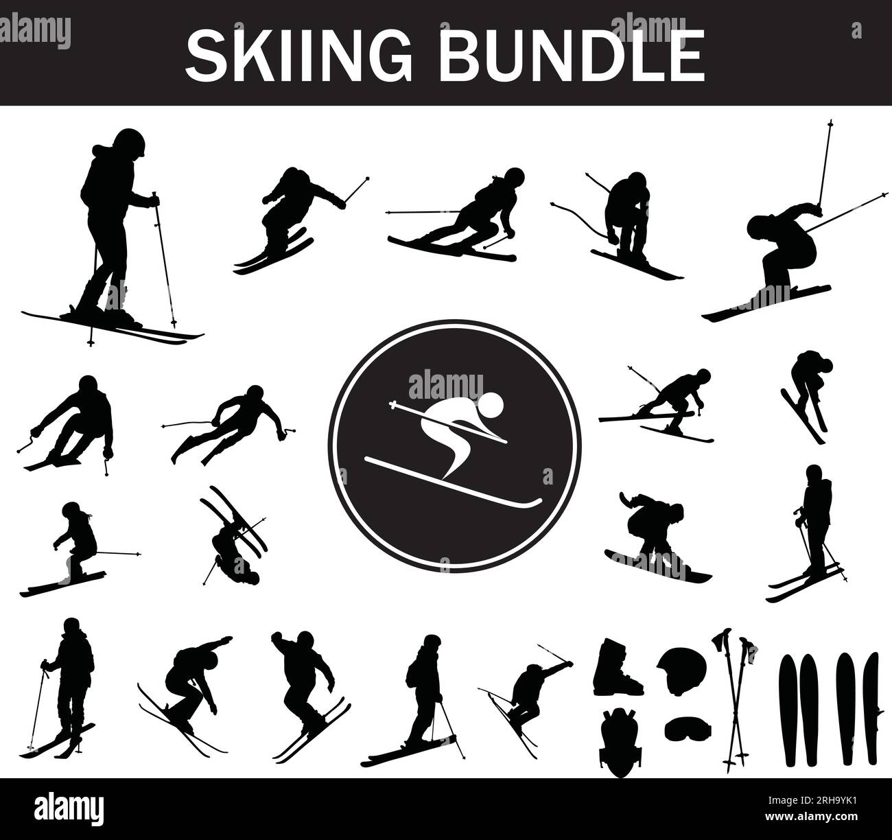 Pack ski Silhouette | Collection de joueurs de ski avec logo et équipement de ski Illustration de Vecteur