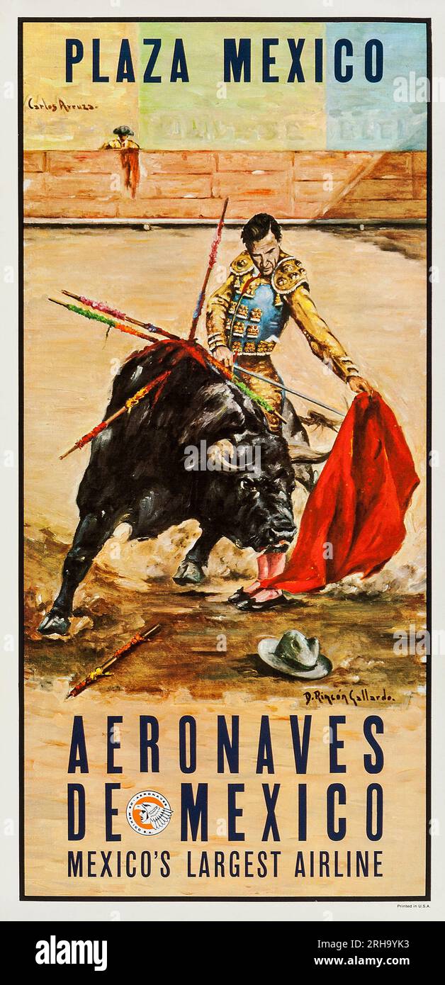 Aeronaves de Mexico Poster 1960s. Affiche de voyage mexicaine avec un matador dans une corrida. Banque D'Images