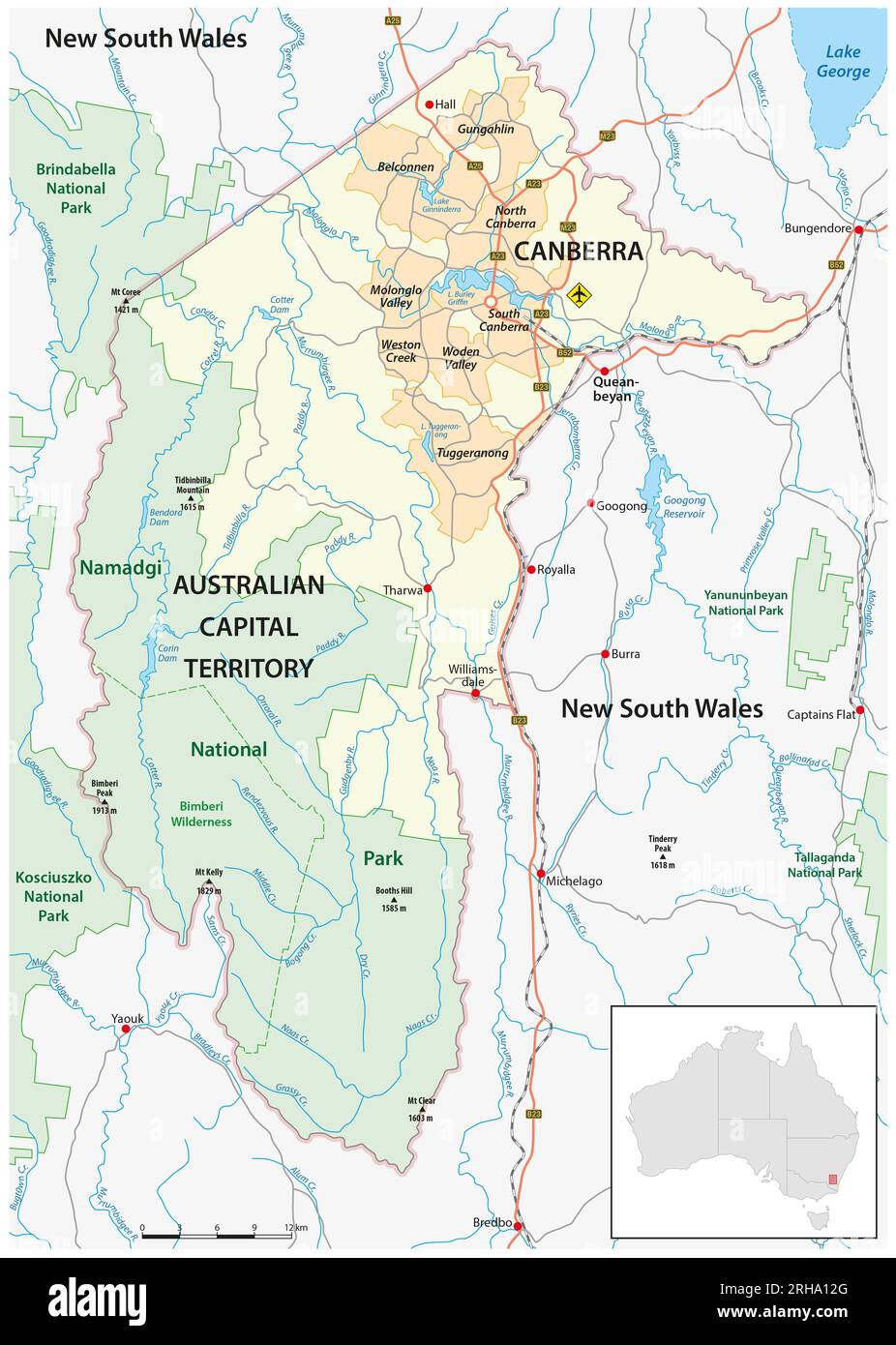 La carte du territoire de la capitale australienne avec la capitale canberra Banque D'Images