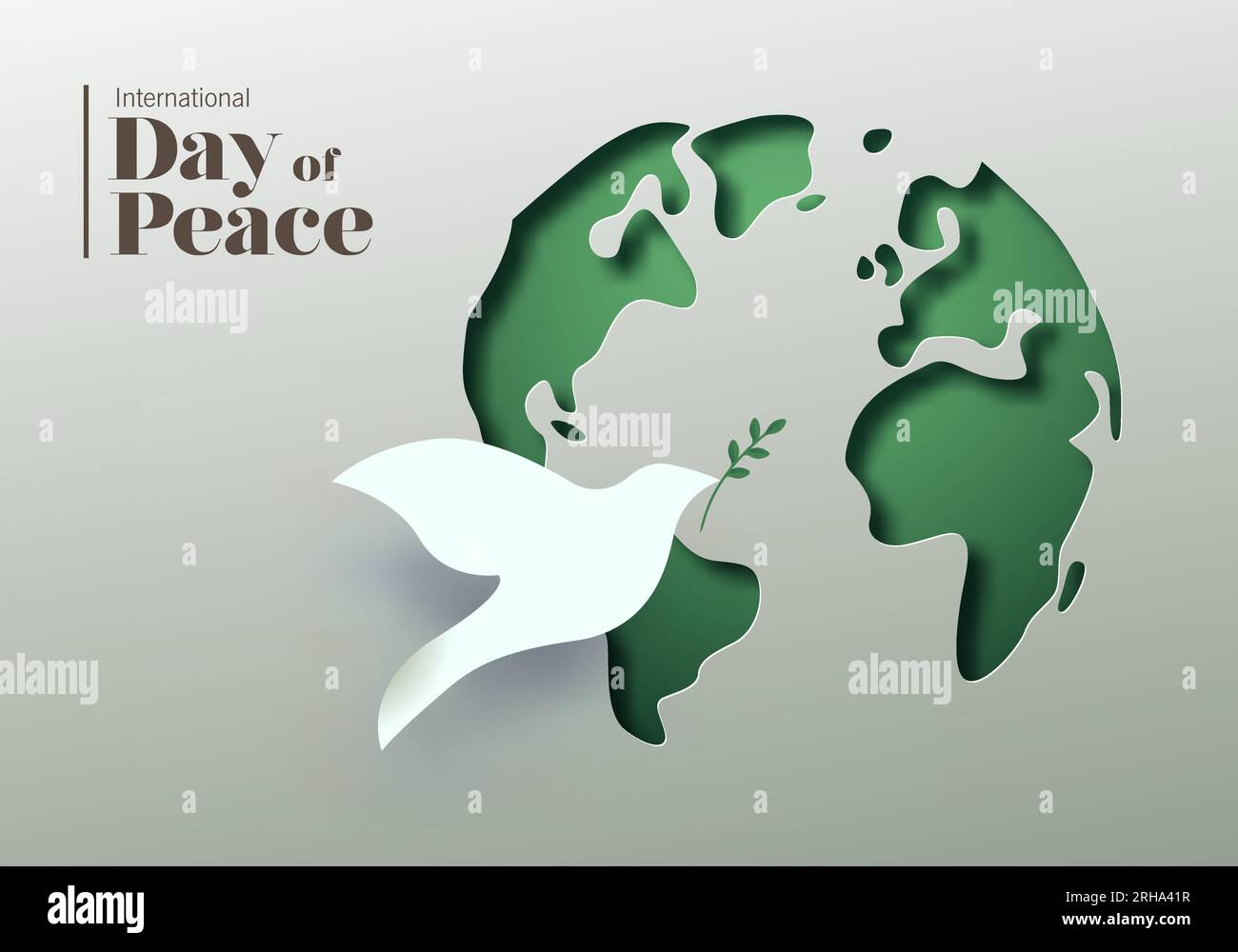 Illustration de la carte vectorielle de la journée internationale de la paix. Carte du monde découpée en 3D et symbole d'oiseau de colombe blanche. Design graphique pour célébrer les idéaux de paix Illustration de Vecteur