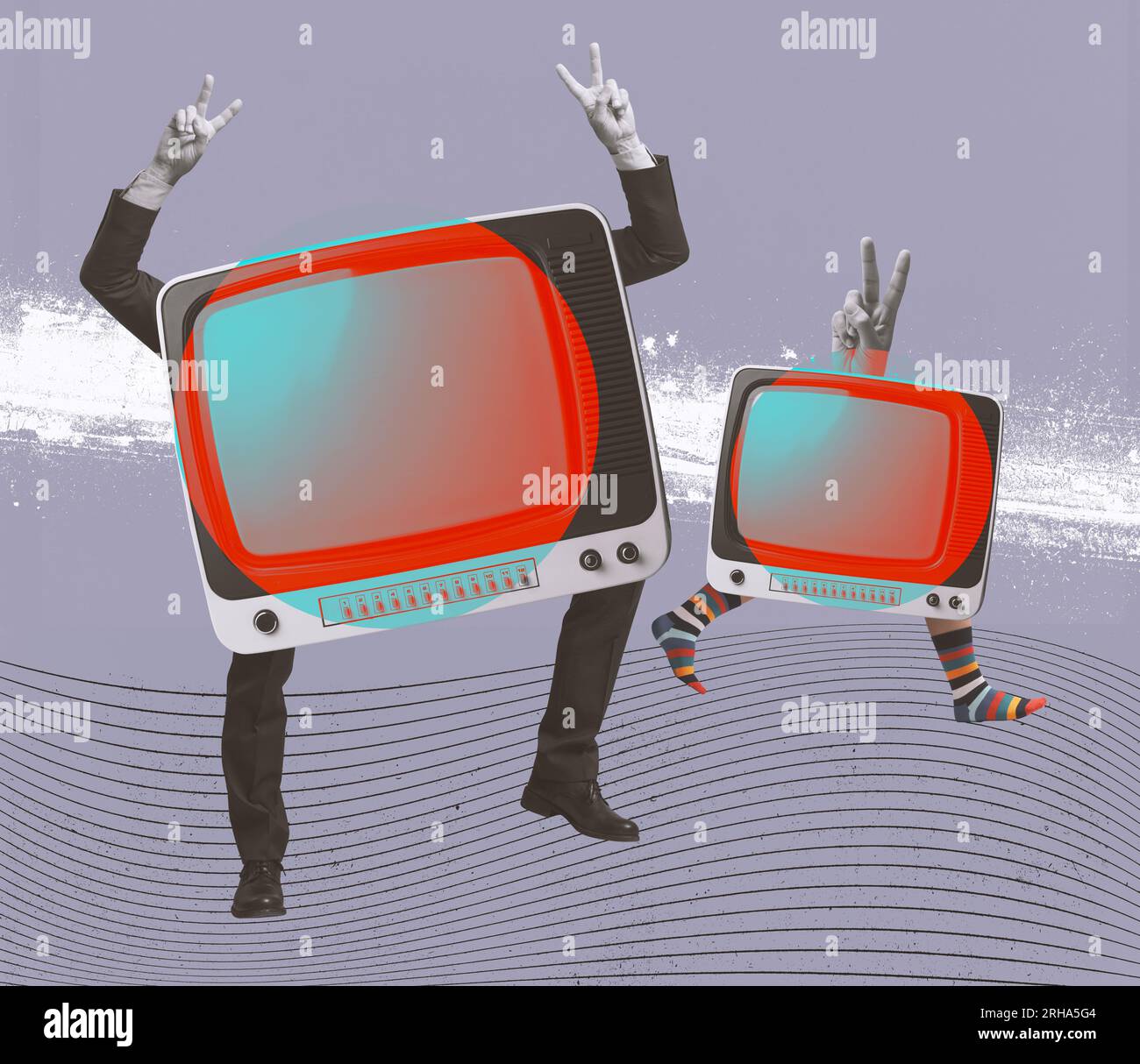 Personnages TV vintage drôles avec des bras et des jambes humains, conception de collage vintage Banque D'Images