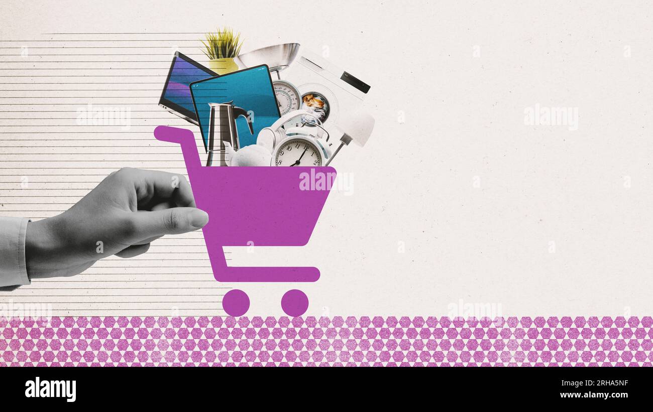 Femme tenant une icône de panier plein d'articles ménagers, d'appareils électroménagers et d'électronique, concept d'achat en ligne Banque D'Images