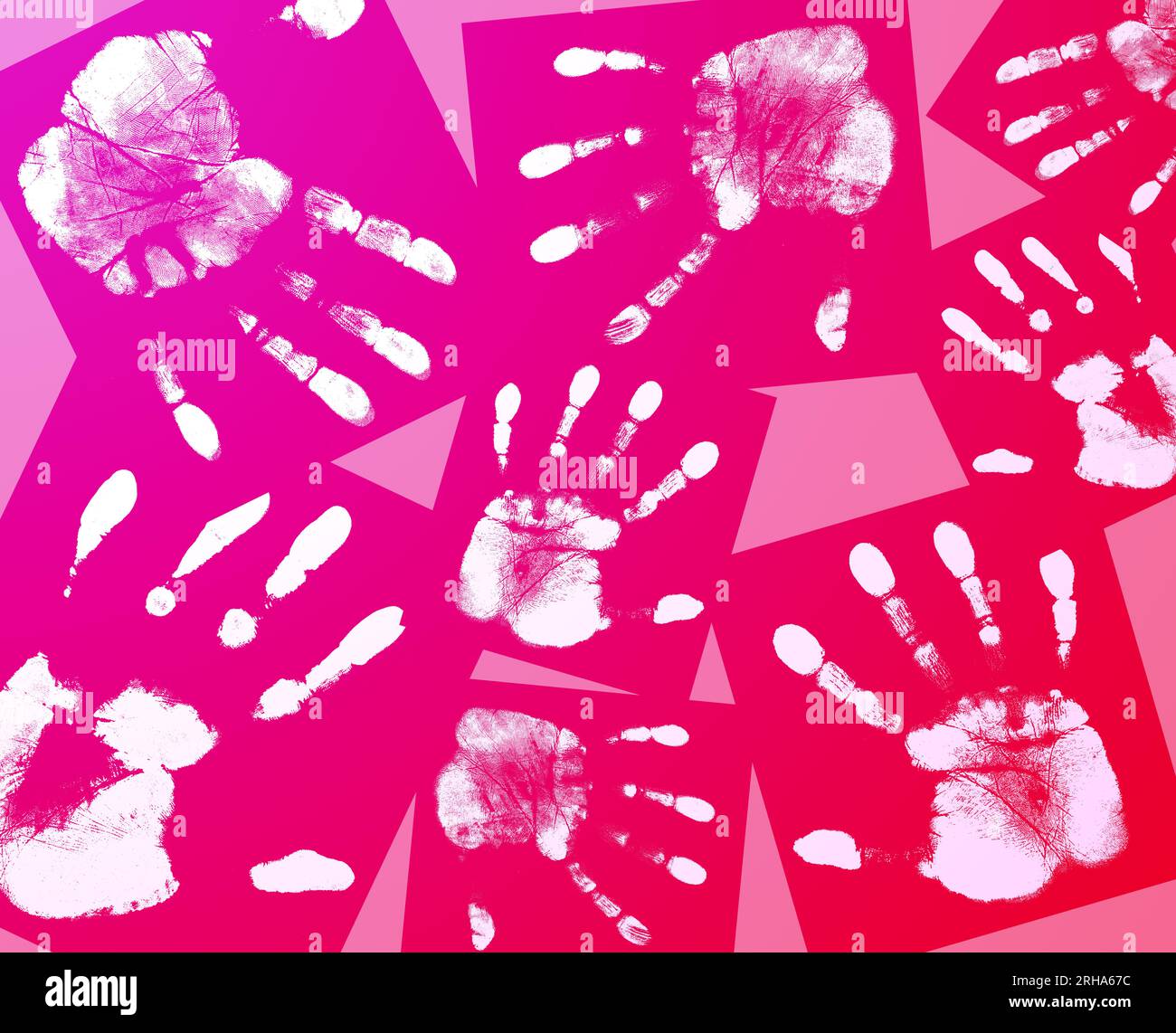 Impressions à la main blanches sur fond rose, collage créatif Banque D'Images