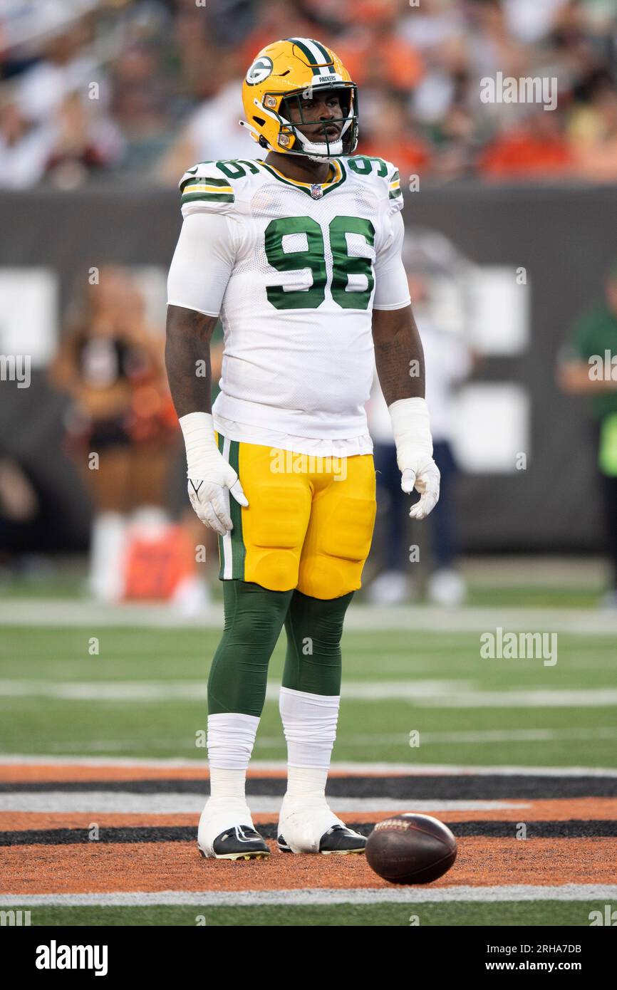 Green Bay Packers defensive tackle Colby Wooden (96) during a preseason NFL football game against the Cincinnati Bengals on Friday, Aug. 11, 2023, in Cincinnati. (AP Photo/Emilee Chinn) Banque D'Images