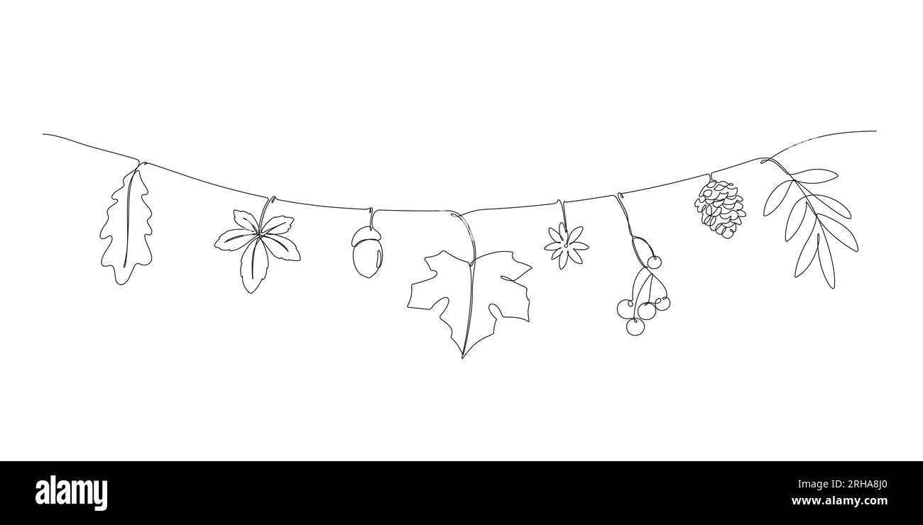 un dessin au trait des feuilles d'automne hello automne concept minimaliste mur décoré corde suspendu Illustration de Vecteur