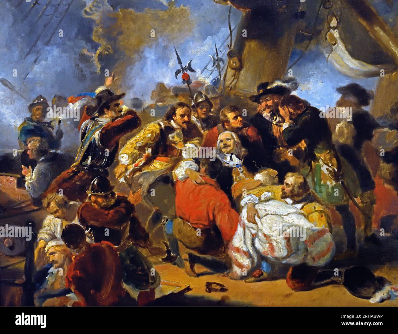 Michiel le Ruyter est mortellement blessé dans la bataille de l'Etna 1676, peint par Nicolaas Pieneman 1859 Michiel Adriaenszoon de Ruyter, Lieutenant-amiral des provinces-Unies, Néerlandais, pays-Bas, bataille d'Augusta, bataille d'Agosta bataille de l'Etna, 22 avril 1676, Guerre franco-néerlandaise, combattit entre une flotte française de 29 hommes de guerre, cinq frégates et huit fières sous les ordres d'Abraham Duquesne, et une flotte hollandaise-espagnole d'au moins 17 navires de guerre hollandais, 11 Espagnols, en plus de plusieurs frégates et cinq fières avec Francisco de la Cerda Banque D'Images