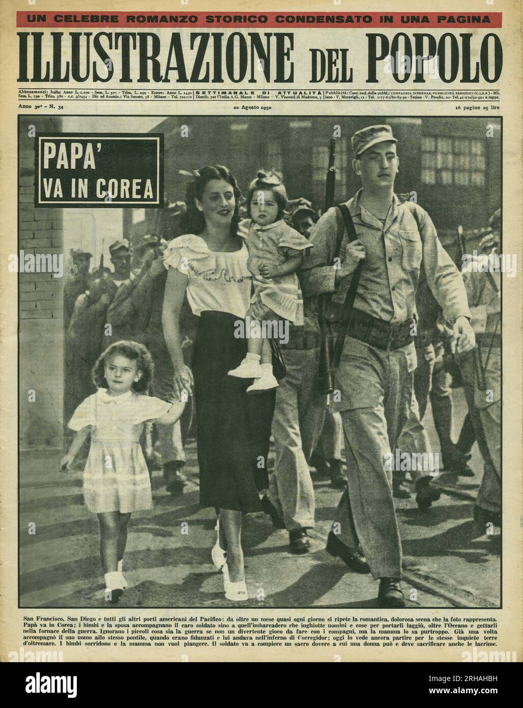 Famille américaine accompagnant le pere qui part pour la Guerre de Coree. Photographie, couverture in 'Illustrazione del popolo', le 20 aout 1950, Italie. Banque D'Images