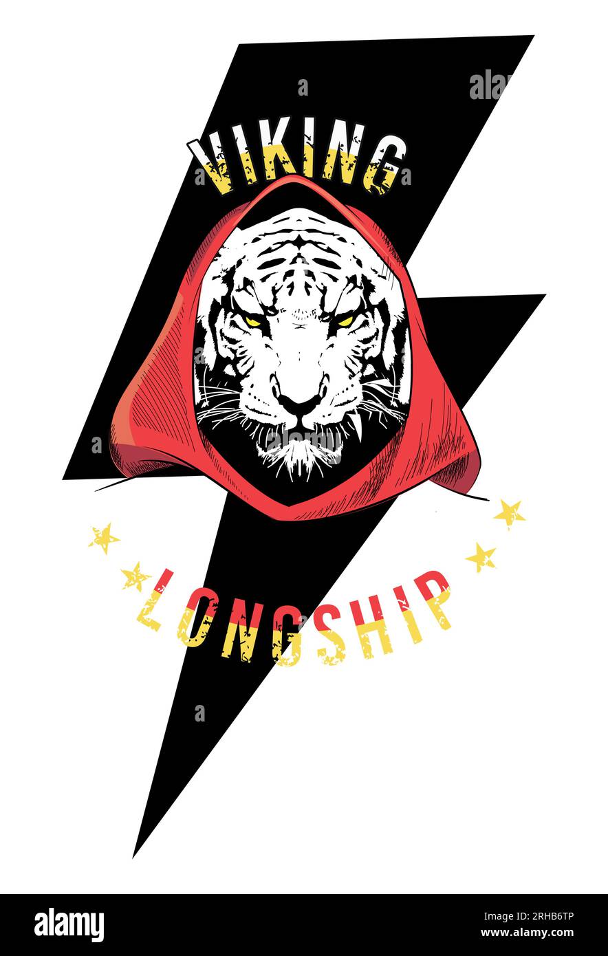 T-shirt à capuche bleu visage de tigre et foudre noir. Illustration vectorielle d'un félin sorcier médiéval. Illustration de Vecteur