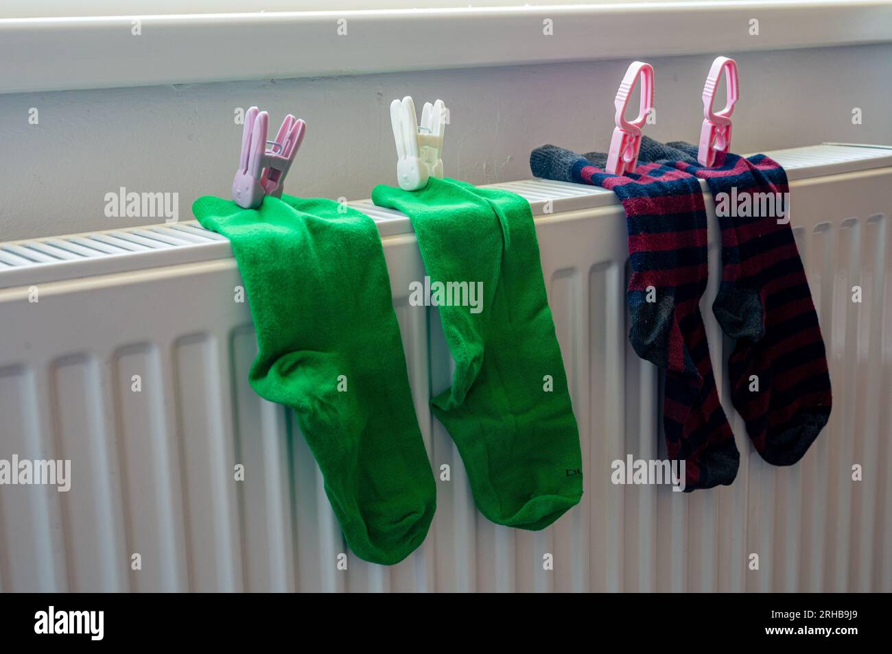 Deux paires de chaussettes colorées avec pince à linge sur le radiateur blanc après lavage. Logement, économie, thème domestique Banque D'Images