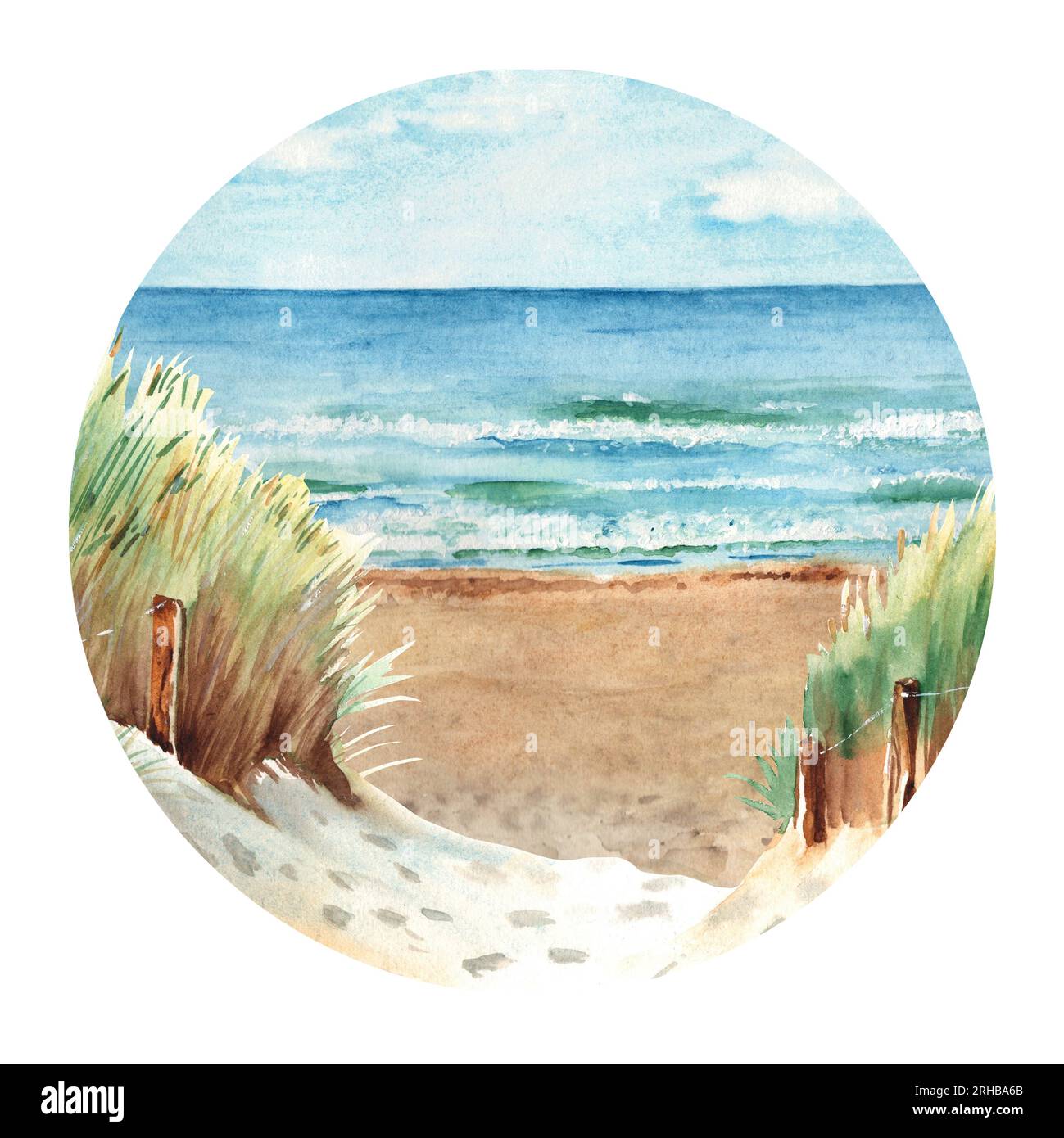 Plage de la mer Baltique avec dunes de sable. Panorama Ostsee. Temps ensoleillé, ciel bleu avec nuages. Illustration aquarelle dessinée à la main. Banque D'Images