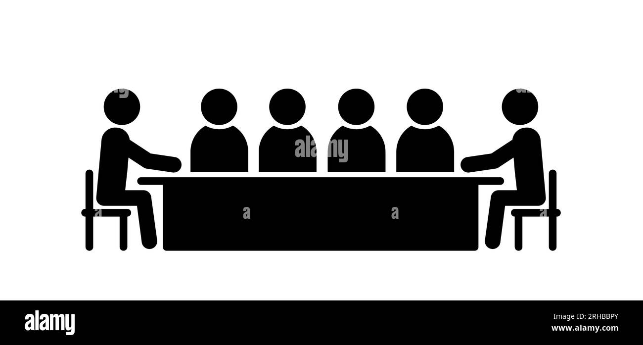 Dessin animé stickman, figure de bâton. les gens parlent à la table, ou au travail. Table d'école ou de cuisine. Workman parle au patron. Déjeuner d'affaires, meetin Banque D'Images