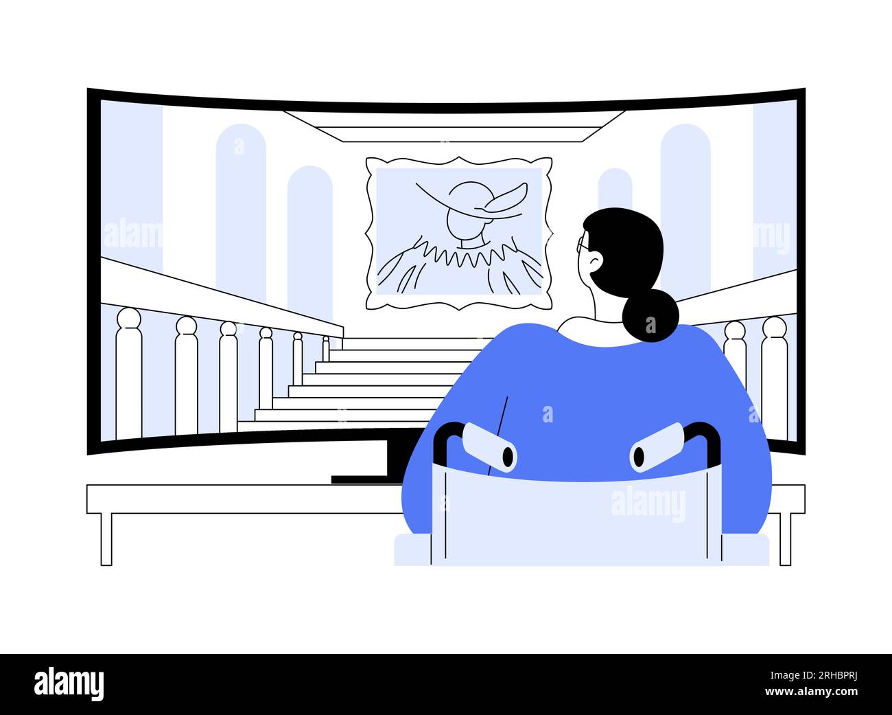 Illustration vectorielle de concept abstrait de visite virtuelle de musée. Une femme handicapée a une visite du musée en ligne en utilisant un ordinateur portable, la réalité virtuelle et augmentée, Illustration de Vecteur
