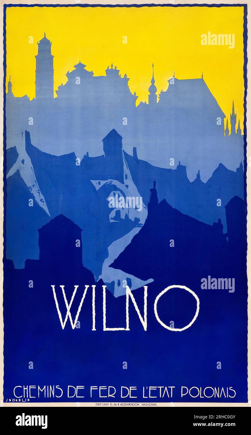 WILNO - Vilnius Travel Poster (chemins de fer polonais, 1928). Affiche - oeuvre de Stefan Norblin 1892-1952. Banque D'Images
