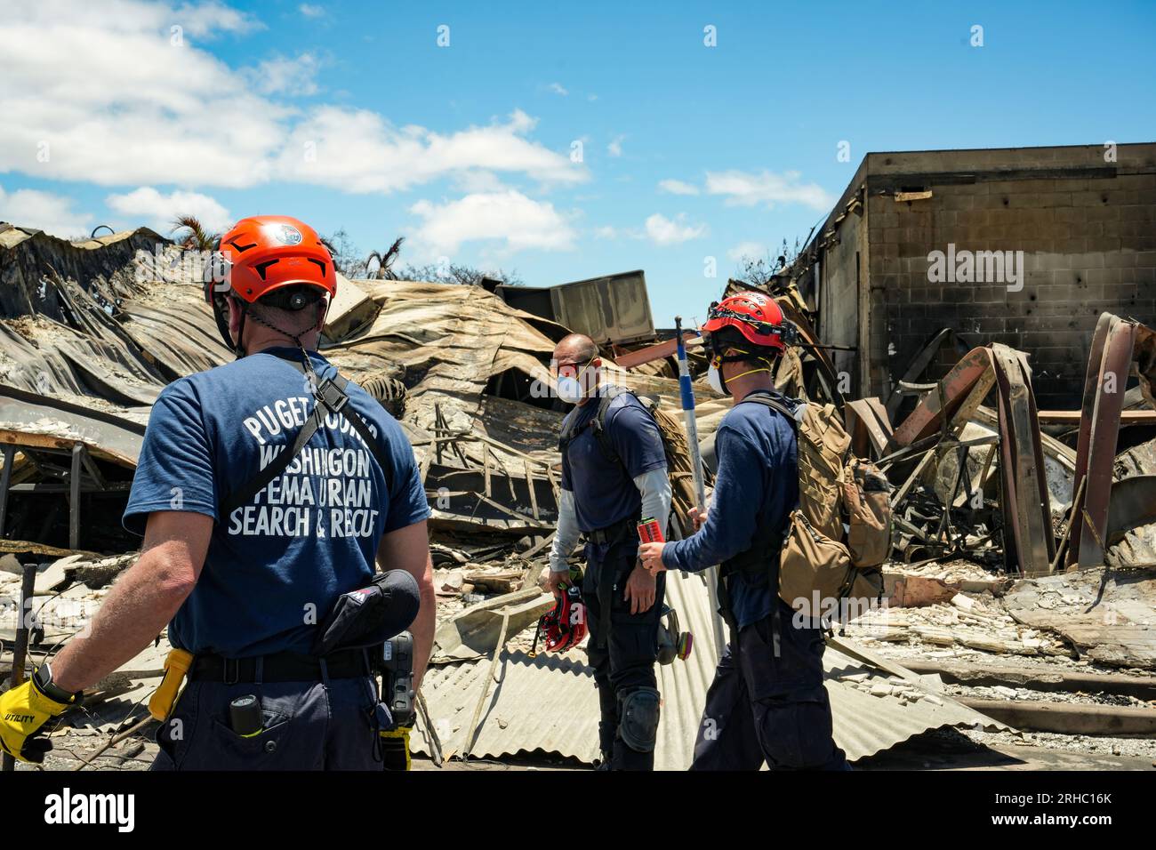 Wailuku, Hawaï (12 août 2023) - FEMA Urban Search and Rescue, Washington State Task Force 1, poursuit ses efforts d'intervention fédérale. Banque D'Images