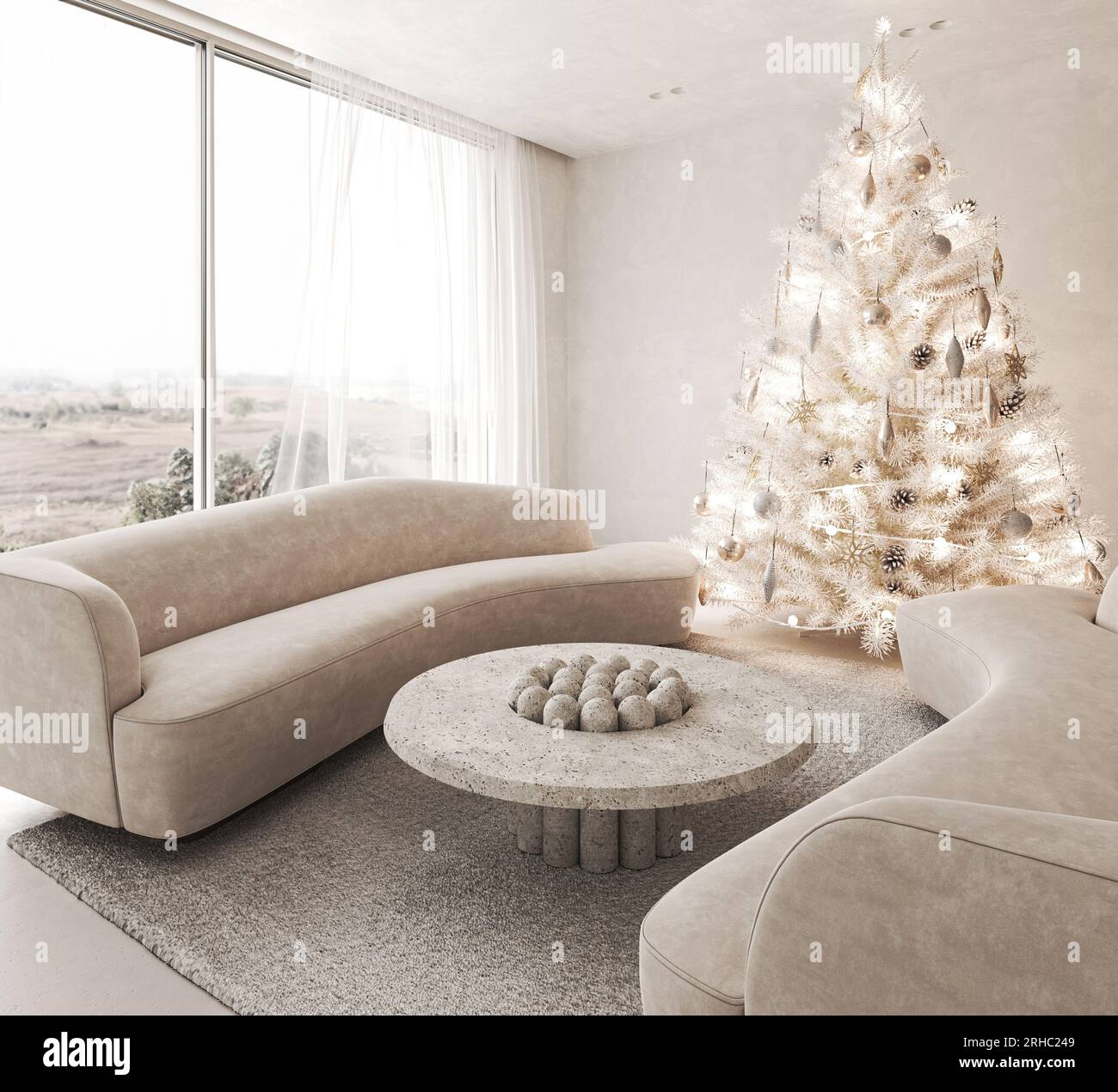 Salon contemporain classique blanc beige avec canapé et décor - fond de moquette. Grand arbre de Noël japonais moderne et vue sur la nature. 3d Banque D'Images