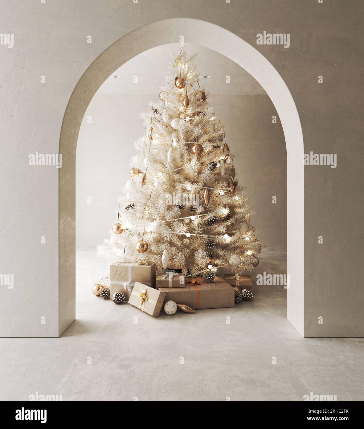 Intérieur contemporain blanc beige classique avec voûte et décor décoré sur fond. Grand arbre de Noël japonais moderne et vue sur la nature. rendu 3d. Banque D'Images
