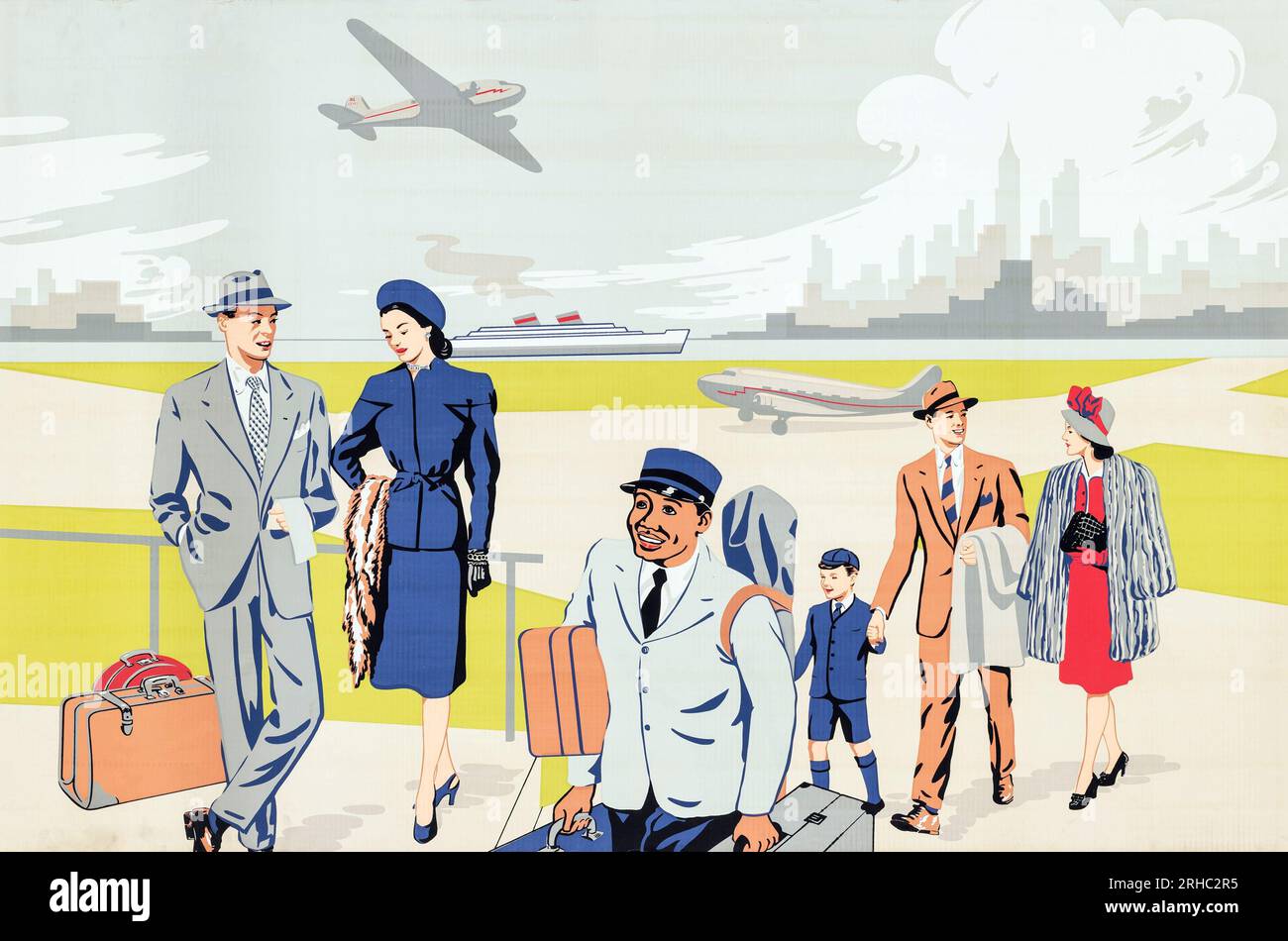 American Airline Travel Poster (années 1950). Illustration d'affiche de voyage avec un aéroport avec des passagers Banque D'Images