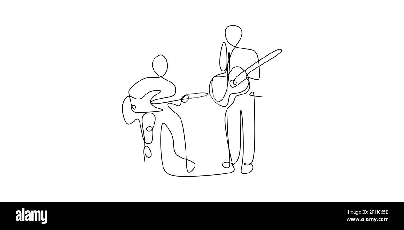 dessin continu de ligne de concert acoustique avec deux hommes chantant une chanson et jouant de la guitare. Illustration de Vecteur