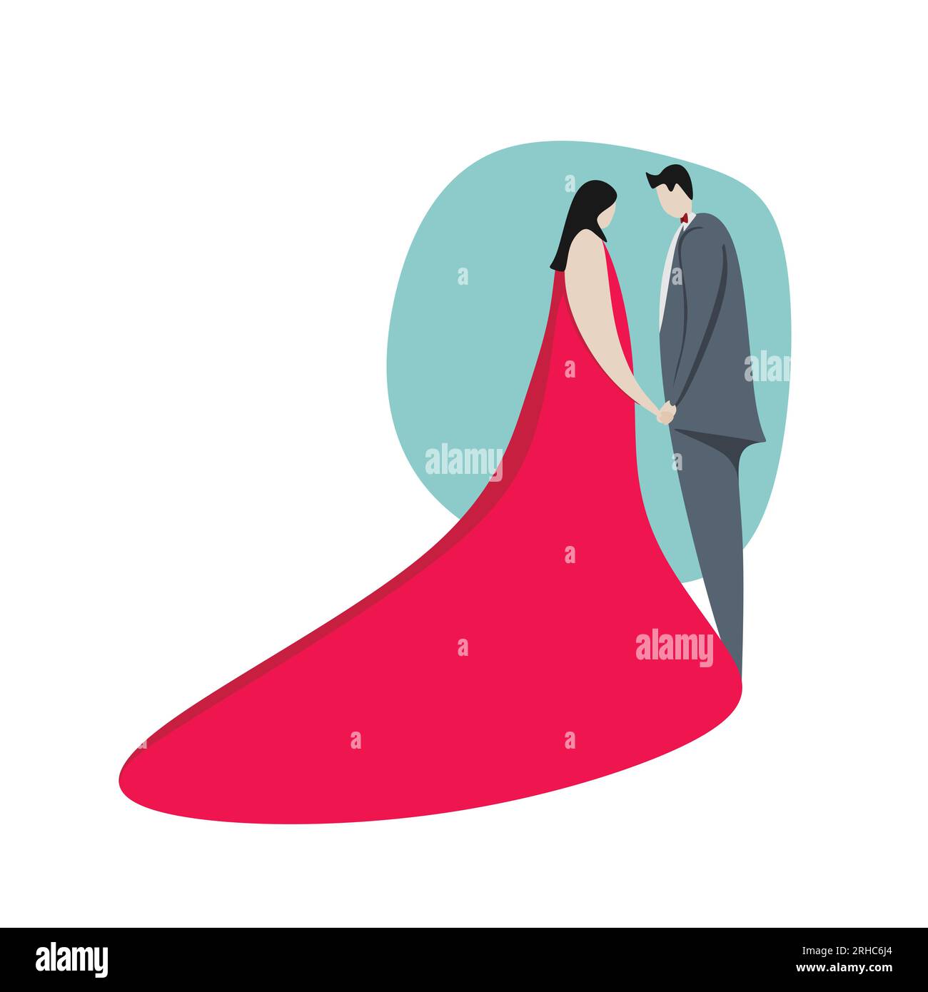 Couple mignon dans l'illustration vectorielle de dessin animé d'amour. Romance homme et femmes avec robe et smoking ou robe de mariée. Illustration de Vecteur