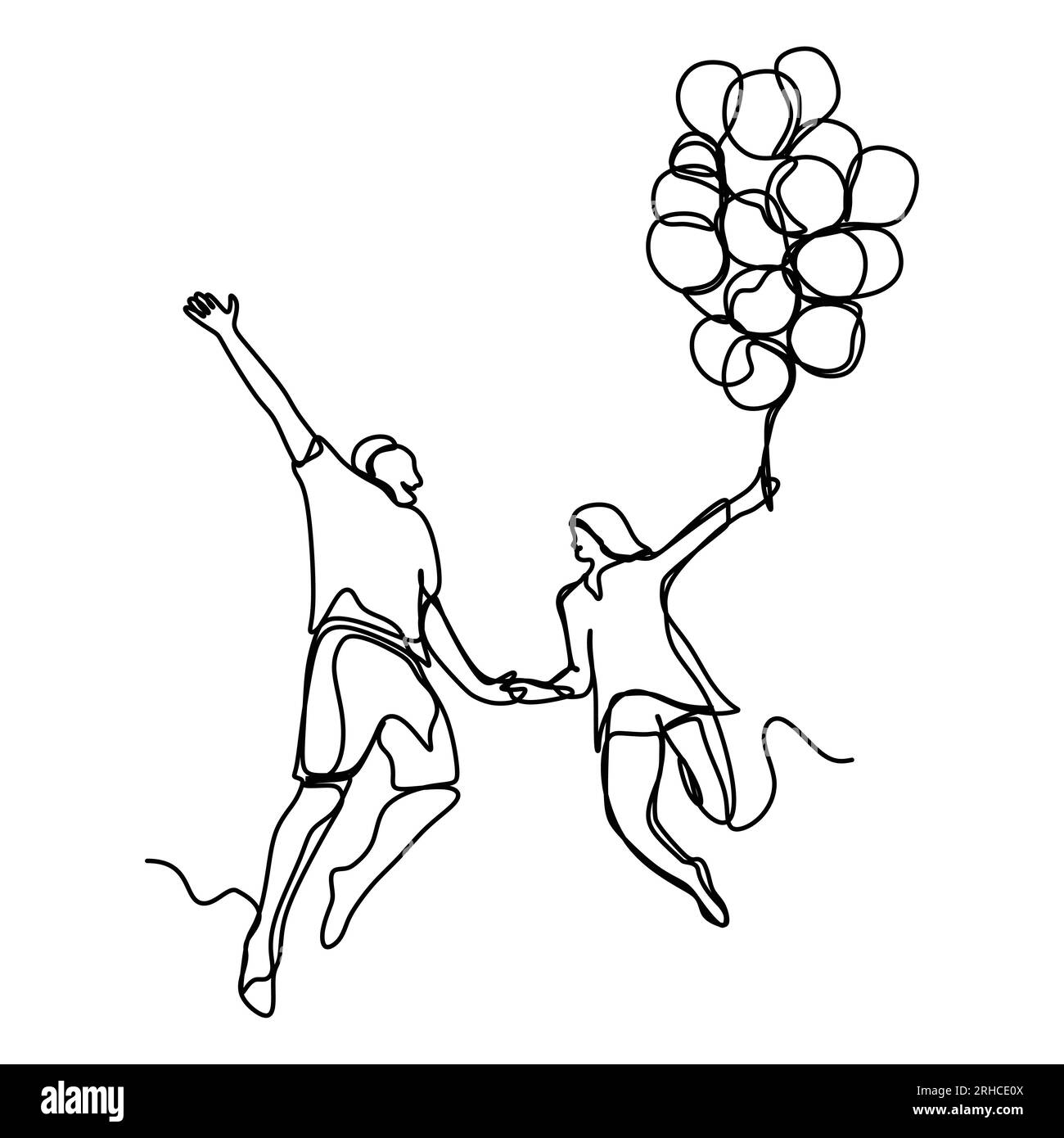 Dessin au trait continu de couple heureux courant et holing ballons illustration vectorielle design minimaliste Illustration de Vecteur