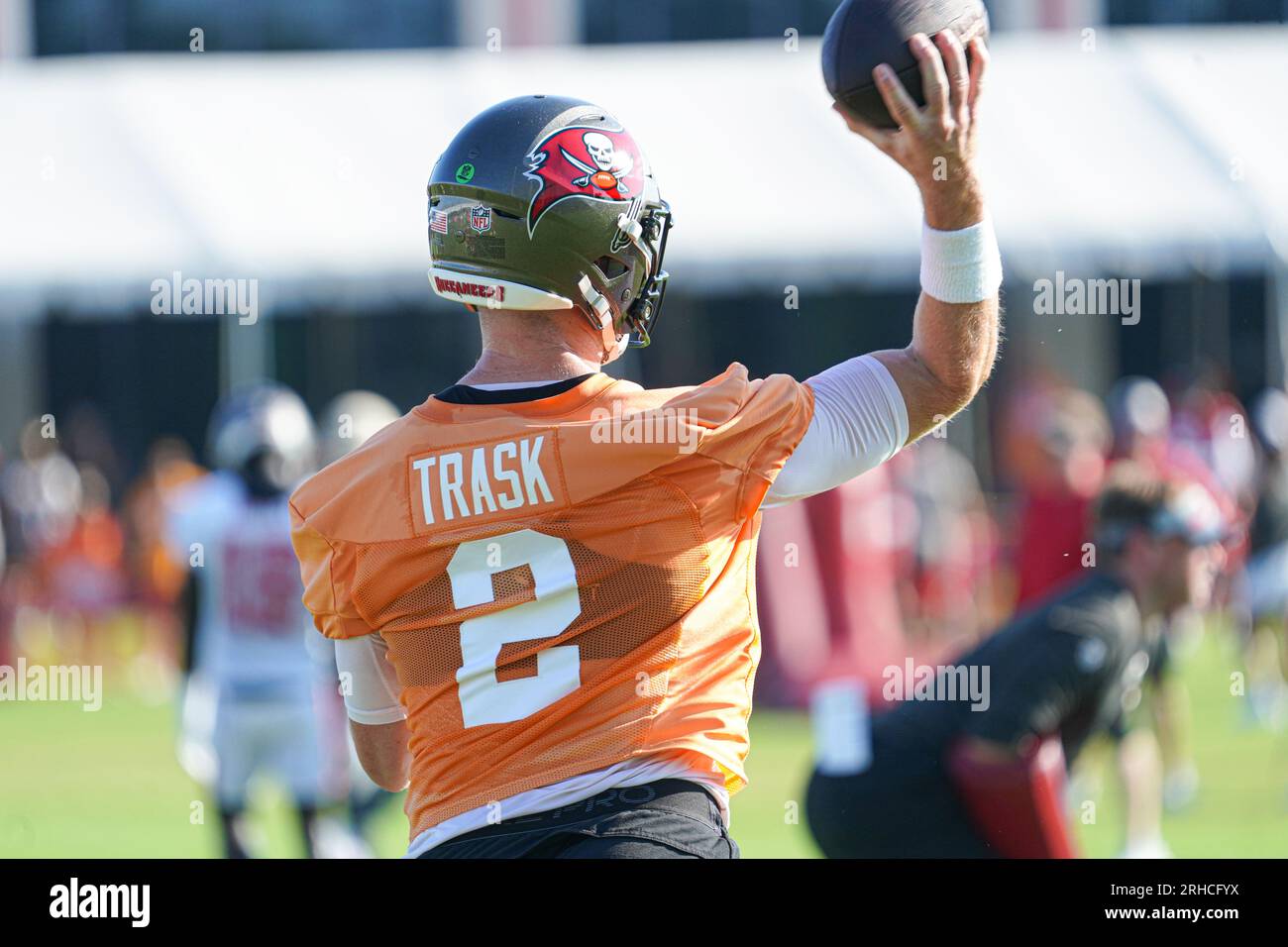 Tampa, Floride, États-Unis, 14 août 2023, le joueur des Buccaneers de Tampa Bay Kyle Trask #2 lors d'un camp d'entraînement au Centre d'entraînement Advent Health . (Photo CRE Banque D'Images