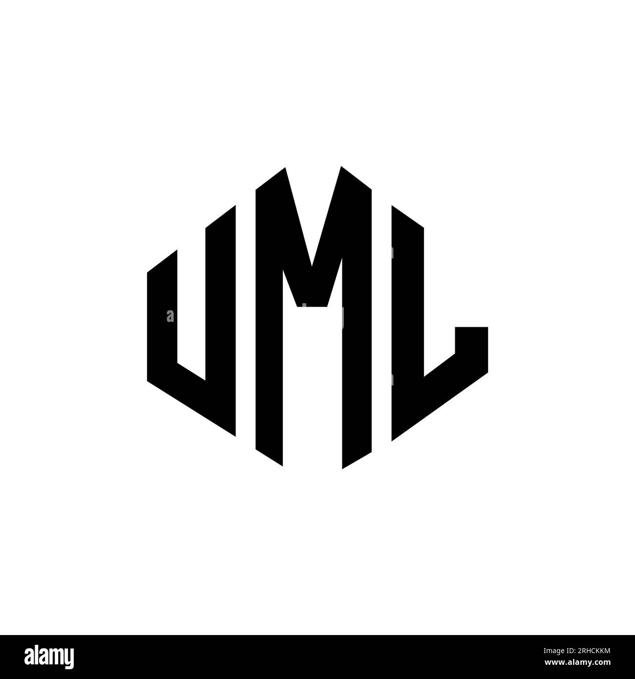 Conception de logo de lettre UML avec forme de polygone. Conception de logo en forme de polygone et de cube UML. Modèle de logo vectoriel hexagone UML couleurs blanches et noires. Monogr. UML Illustration de Vecteur