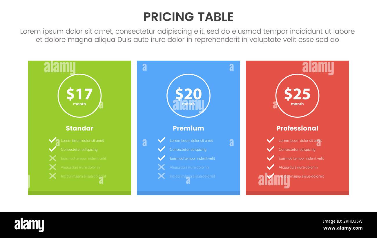 tableau de prix ou infographie de comparaison de prix modèle d'étape 3 points avec fond couleur de boîte rectangulaire pour vecteur de présentation de diapositive Banque D'Images