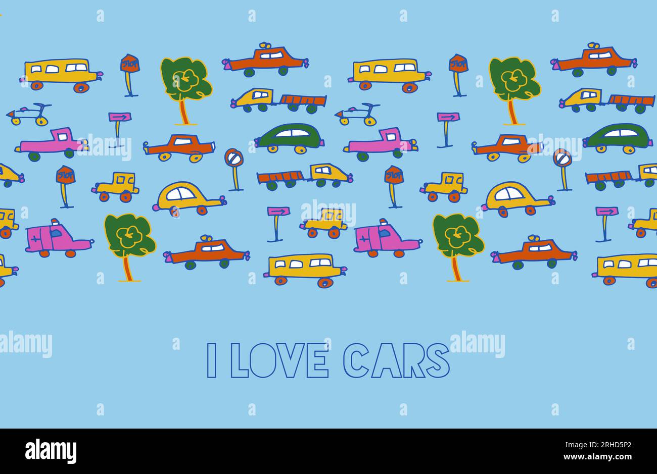 J'adore les voitures, les enfants s'amusent. Motif vectoriel de bannière sans couture. Éléments de transport et de ville dessinés à la main sur fond bleu clair. Utilisation Illustration de Vecteur