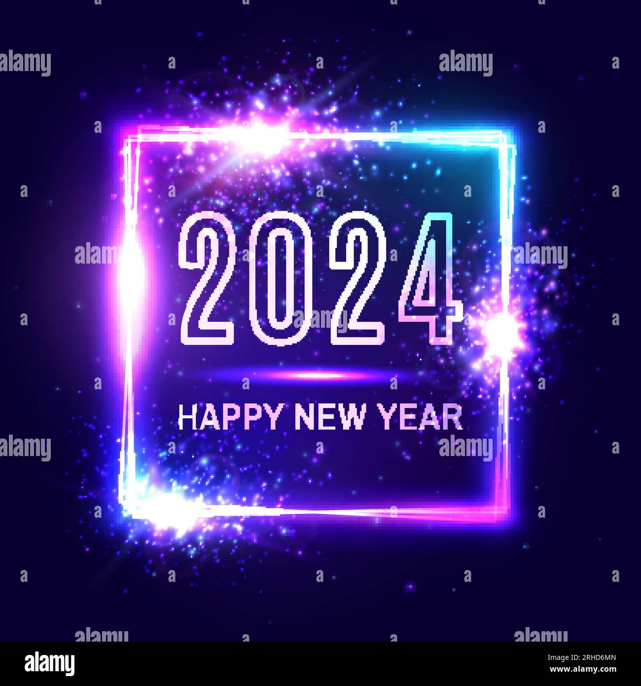 Bonne année 2024 cadre carré lumineux néon. Illustration de Vecteur