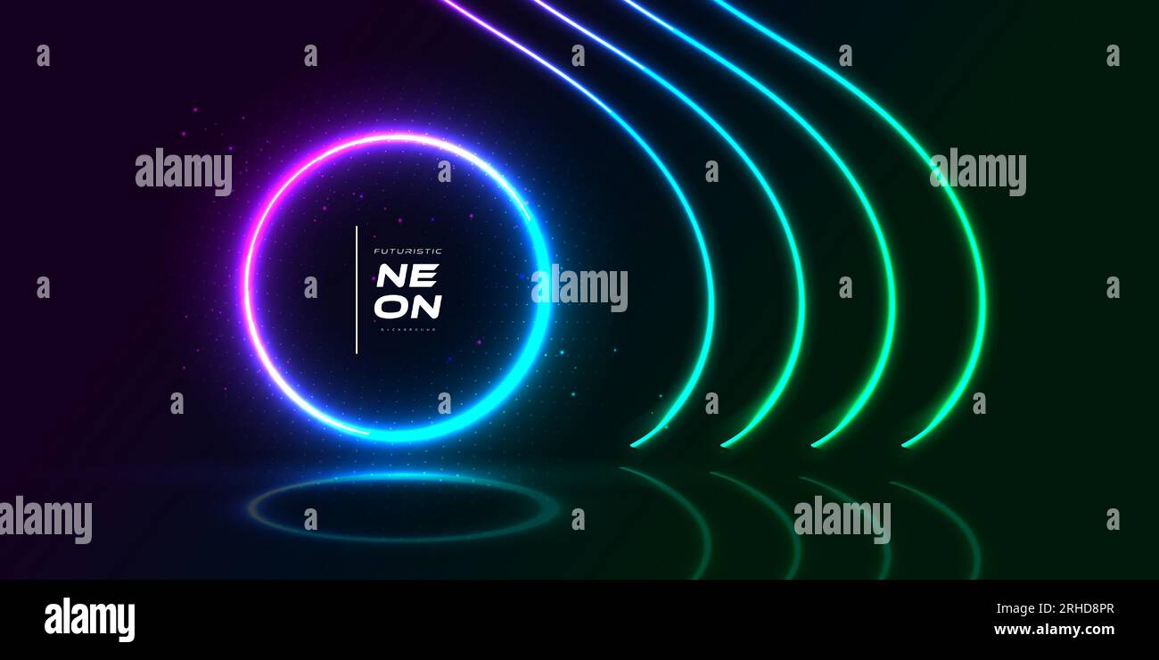 Fond moderne et futuriste avec cadre de cercle néon brillant avec effet demi-ton isolé sur fond sombre. Fond de néon coloré Illustration de Vecteur