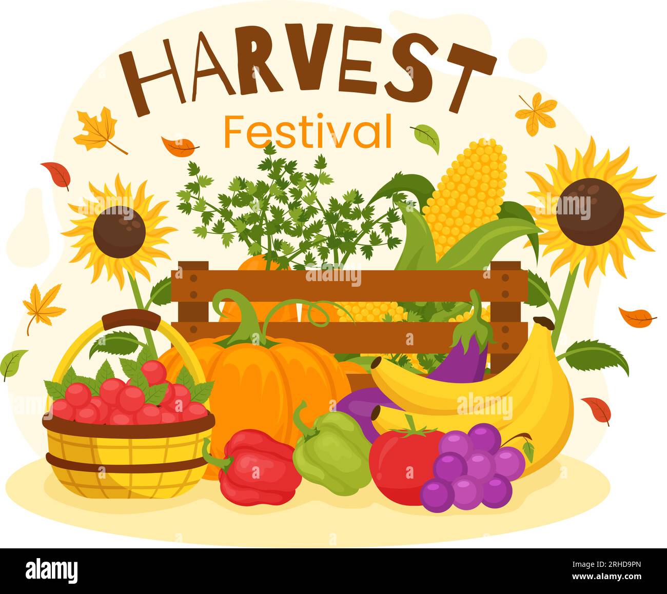 Illustration vectorielle du festival de récolte heureuse de fond de saison d'automne avec des citrouilles, des feuilles d'érable, des fruits ou des légumes dans des modèles plats de dessin animé Illustration de Vecteur