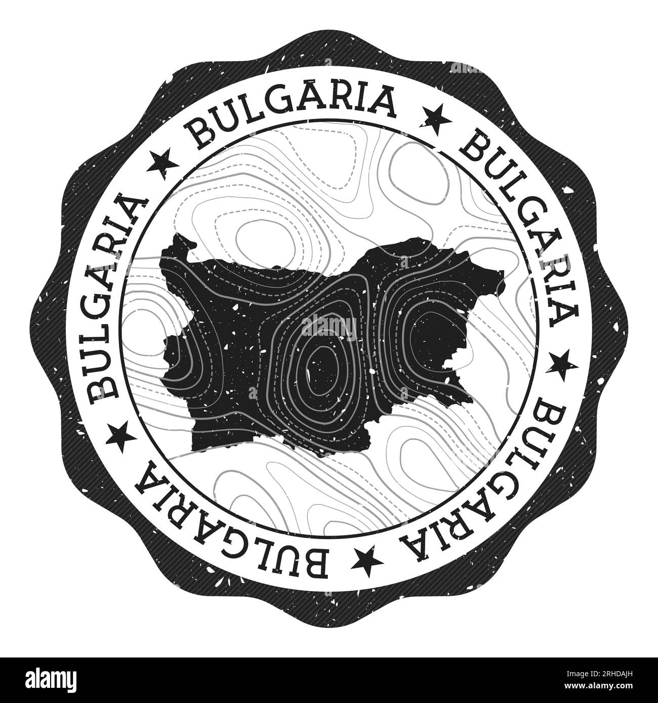 Timbre extérieur de Bulgarie. Sticker rond avec carte du pays avec isolignes topographiques. Illustration vectorielle. Peut être utilisé comme insigne, logotype, étiquette, St Illustration de Vecteur