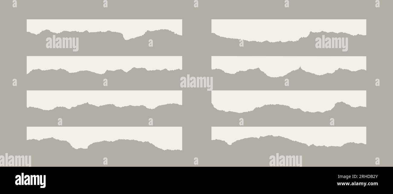 Morceaux de papier fins et longs déchirés. Bande de matériau beige avec des bords irréguliers et uniformes. Collection de fragments horizontale déchirée. Ensemble d'éléments grunge texturés pour collage, zone de texte, bannière, autocollant. Vecteur Illustration de Vecteur