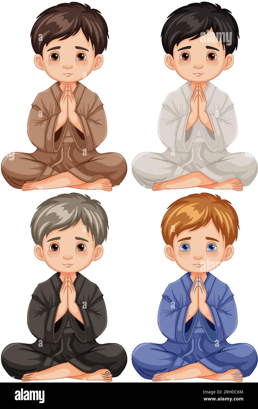 Quatre garçons sont assis ensemble et prient ou méditent dans un style de bande dessinée Illustration de Vecteur