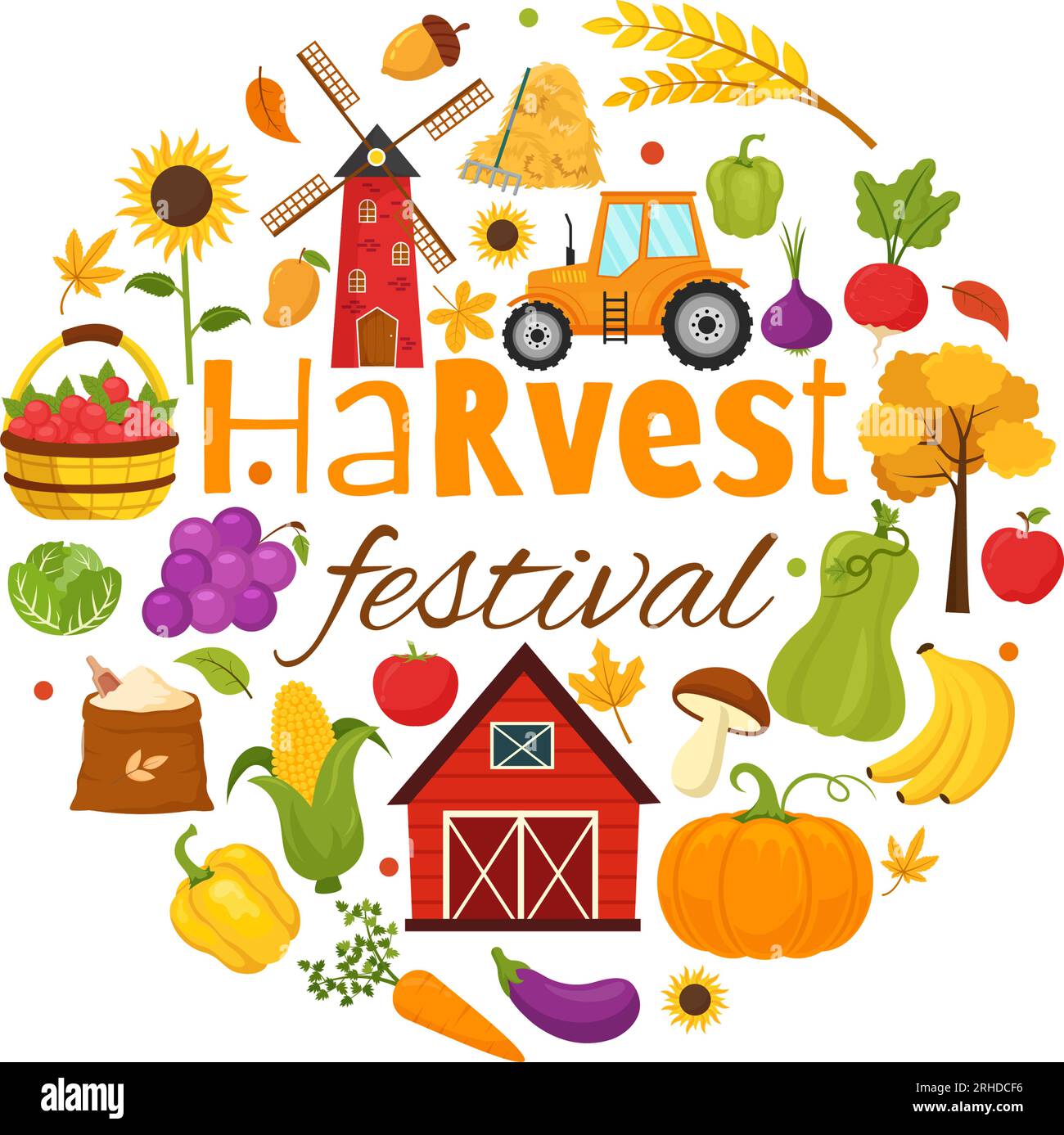 Illustration vectorielle du festival de récolte heureuse de fond de saison d'automne avec des citrouilles, des feuilles d'érable, des fruits ou des légumes dans des modèles plats de dessin animé Illustration de Vecteur
