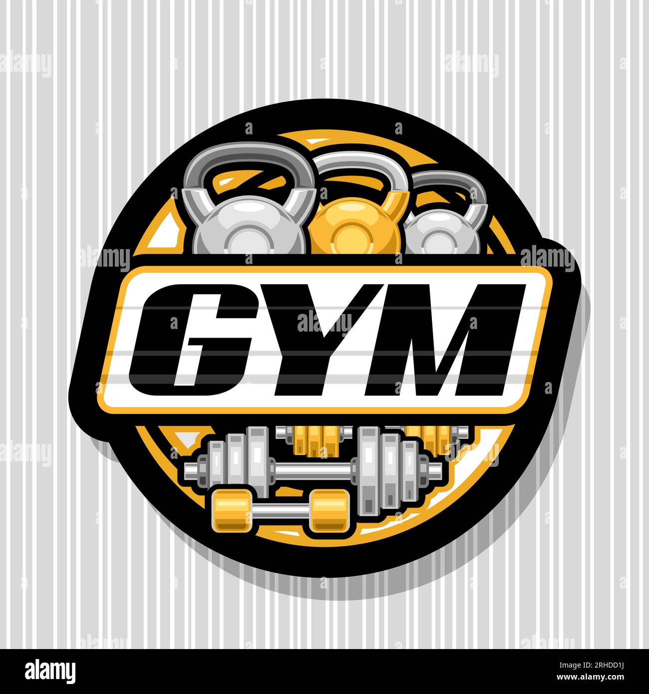 Logo vectoriel pour Sport Gym, panneau décoratif sombre avec illustration d'haltères orange de variété de groupe et kettlebells en acier pour gym, brosse unique Illustration de Vecteur