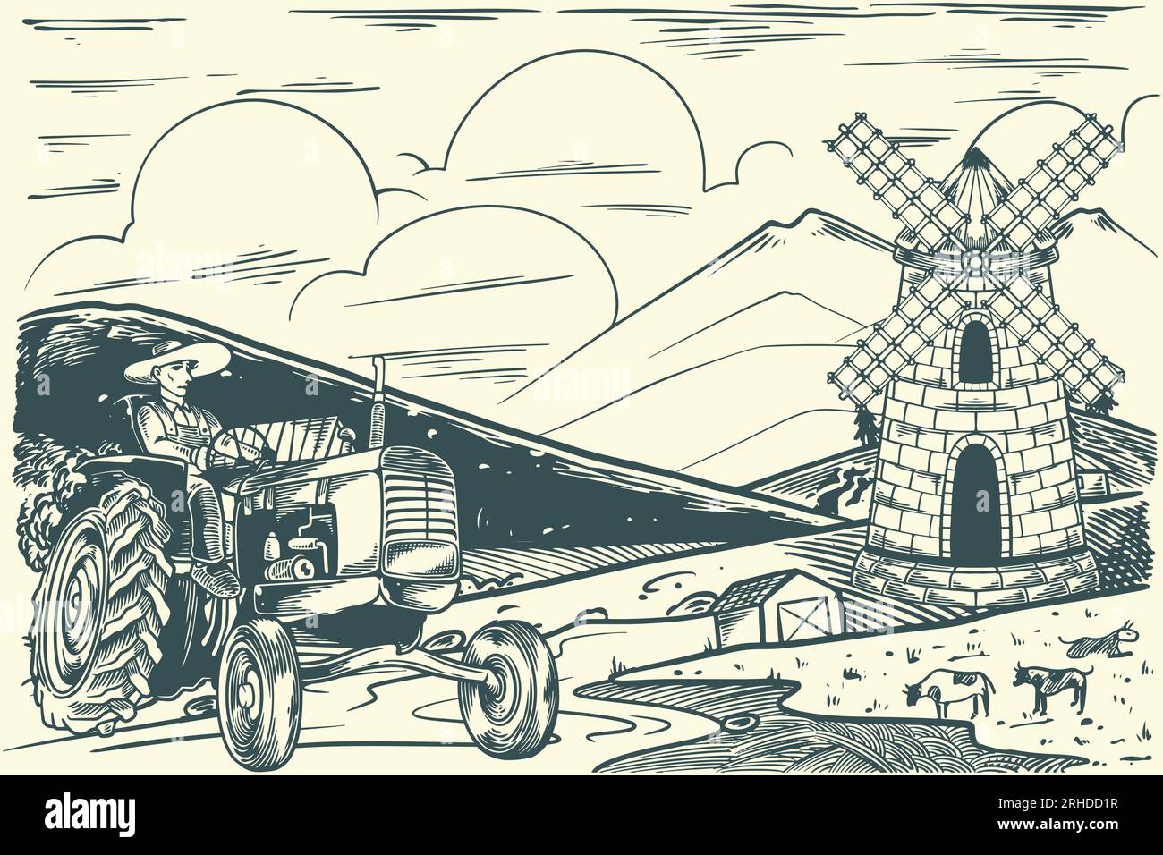 Dessin à la main paysage agricole rural avec moulin à vent et tracteurs dans le style scandinave vintage. Illustration de Vecteur