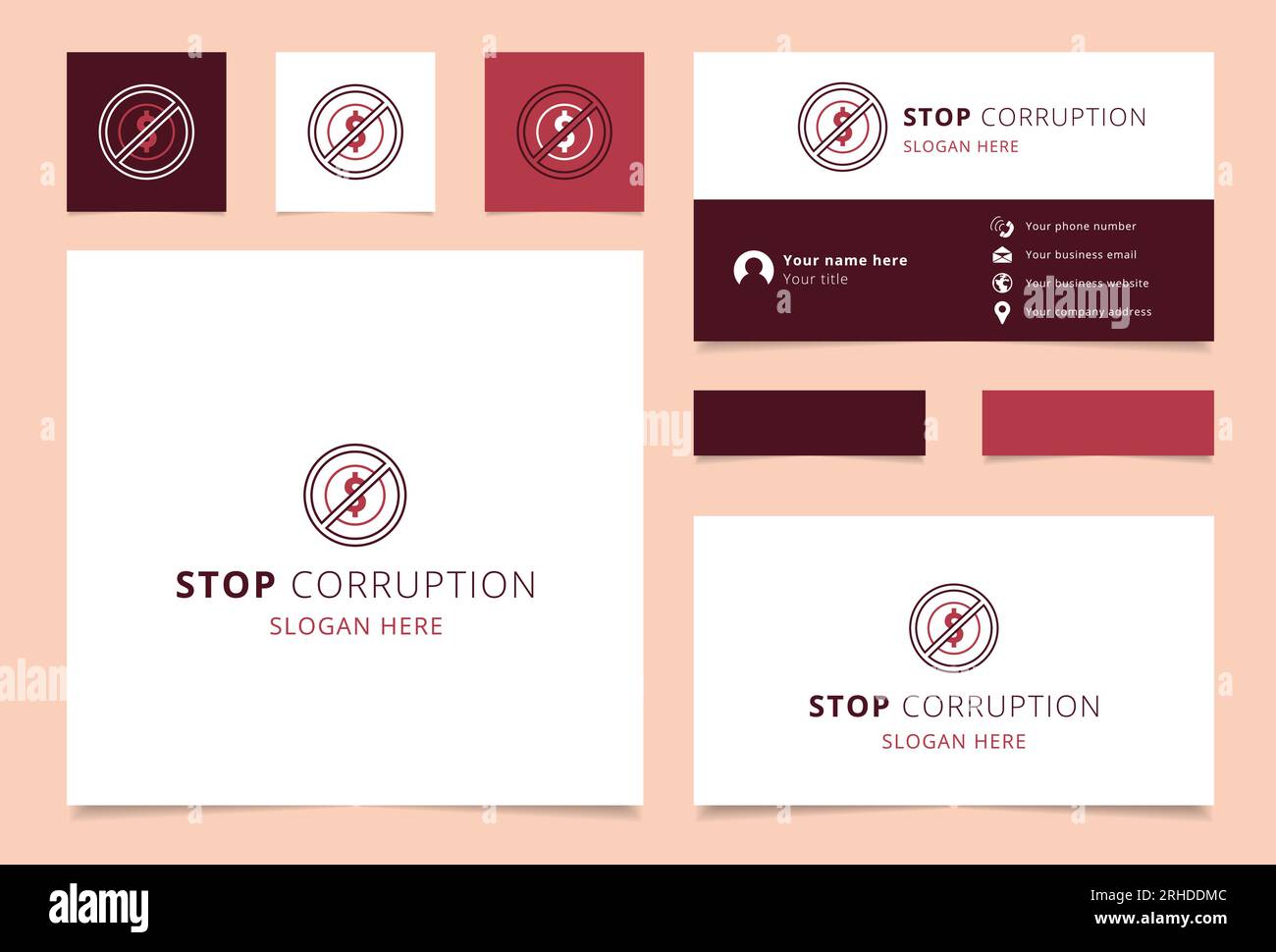 Design de logo Stop corruption avec slogan modifiable. Livre de marque et modèle de carte de visite. Illustration de Vecteur