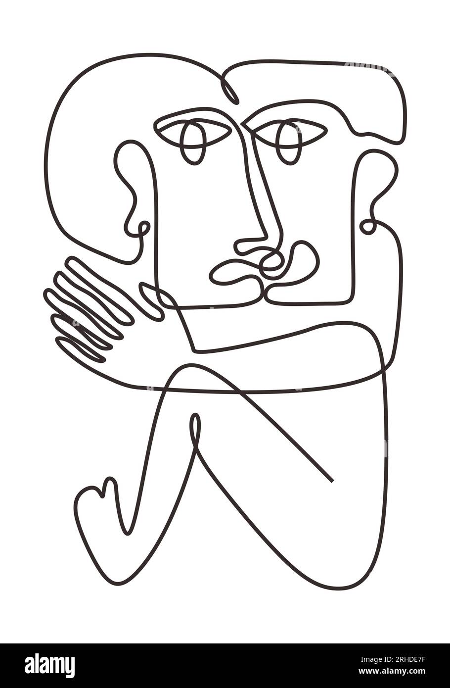 Picasso style de dessin d'une ligne. Abstrait visage art contemporain minimalisme illustration vectorielle. Couple en amour romantique, Poster imprimé minimaliste. Illustration de Vecteur