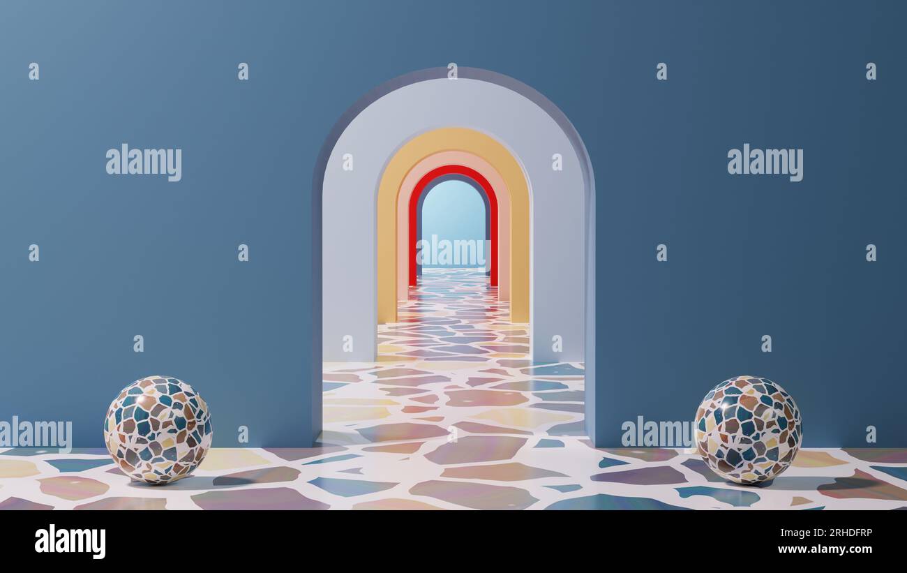Maquette d'une salle avec une arche de tunnel en perspective, couleurs méditerranéennes, sol en mosaïque de marbre, mur vide au premier plan et deux sphères de céramique. 3d Banque D'Images