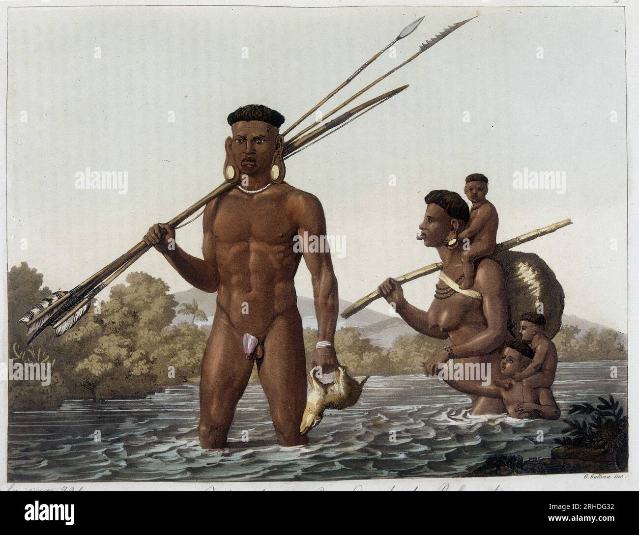 Famille d'indiens Botocudos revenant de la chasse et traversant le fleuve Rio Grande a Belmonte au Paraguay.in 'le Costume ancien et moderne' 1818-1820, par Ferrario. Banque D'Images
