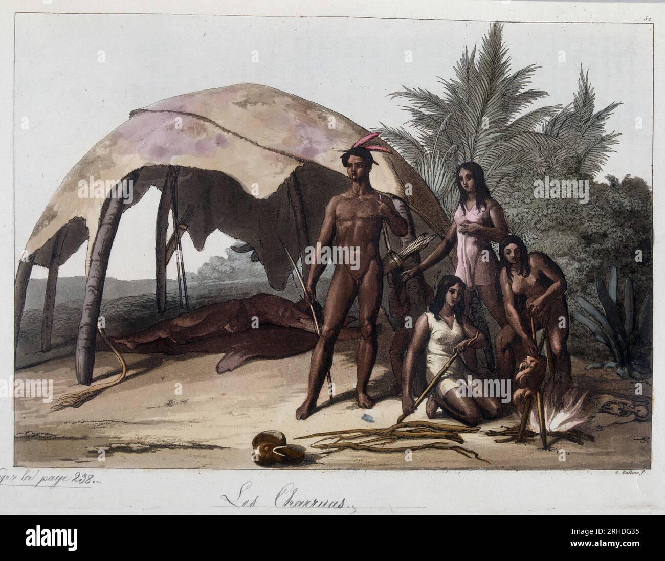 Repas chez les indiens charruas, du Paraguay. Dans 'Le Costume ancien et moderne', 1818-1820 par Ferrario. Banque D'Images